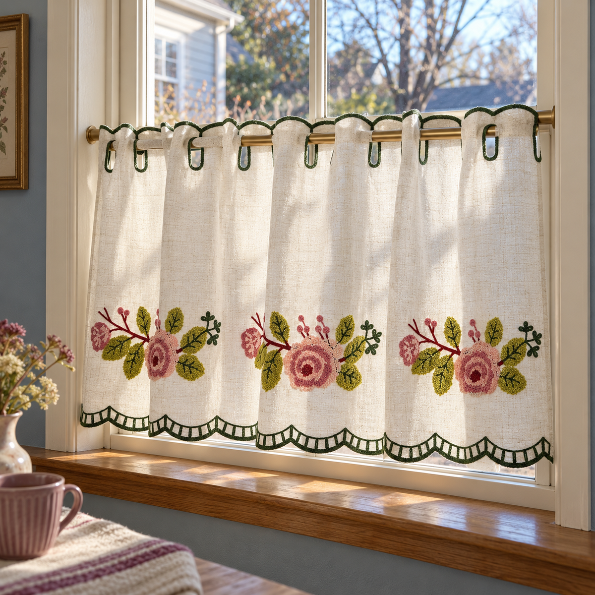 Embroidered Cafe Curtain with Scalloped Edges - product view 1