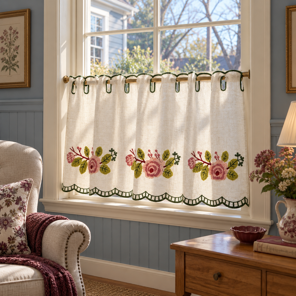Embroidered Cafe Curtain with Scalloped Edges - product view 3
