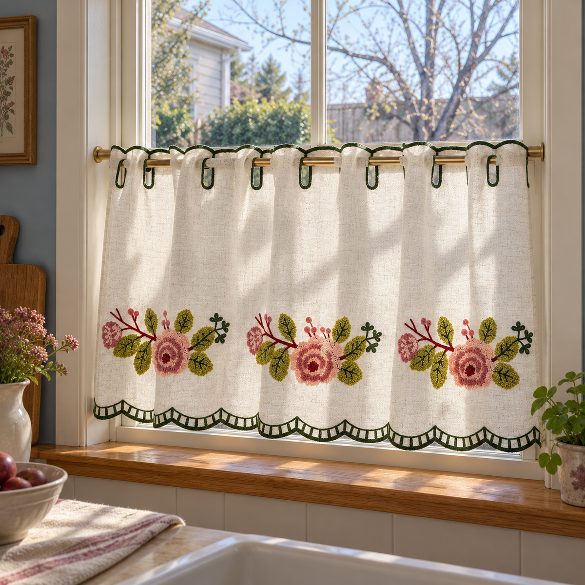 Embroidered Cafe Curtain with Scalloped Edges - product view 4