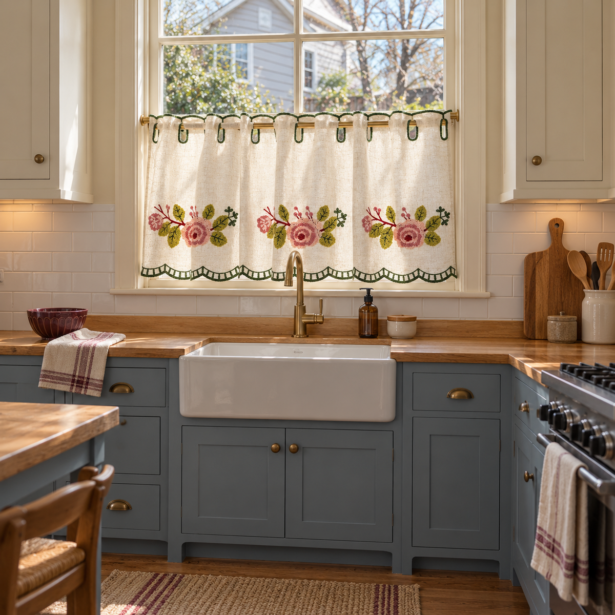 Embroidered Cafe Curtain with Scalloped Edges - product view 6