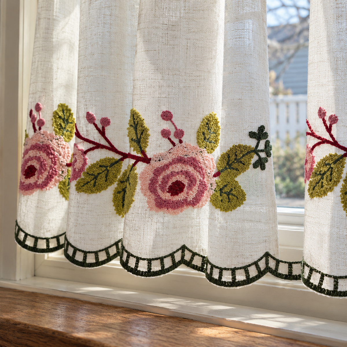 Embroidered Cafe Curtain with Scalloped Edges - product view 7