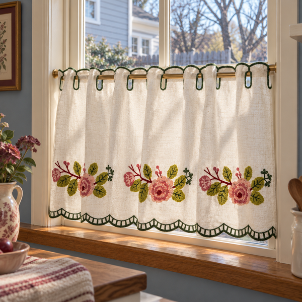 Embroidered Cafe Curtain with Scalloped Edges - product view 8