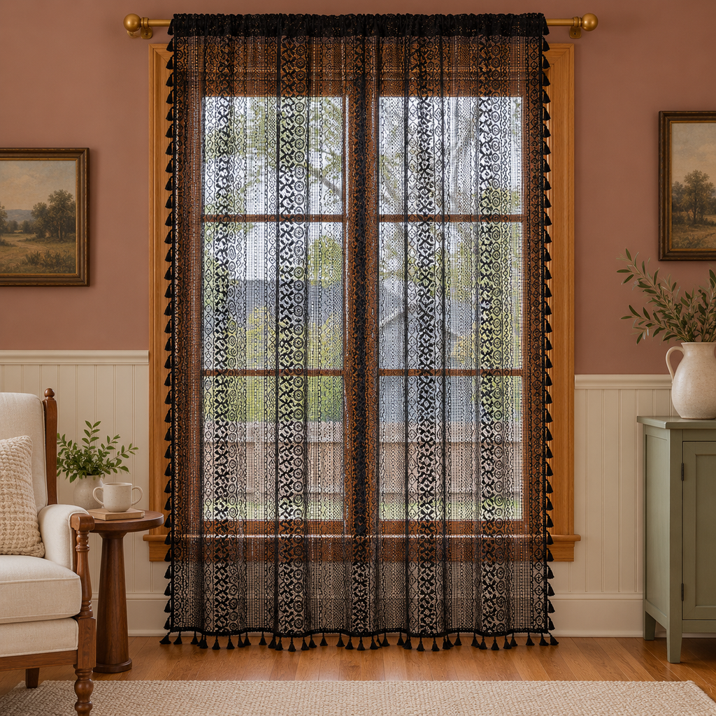 Boho Black Crochet Lace Flower Curtains, Farmhouse Light Filtering Kitchen Curtain, Hollow Curtain with Tassel, Cafe Semi-Sheer Window Panel - styled product view