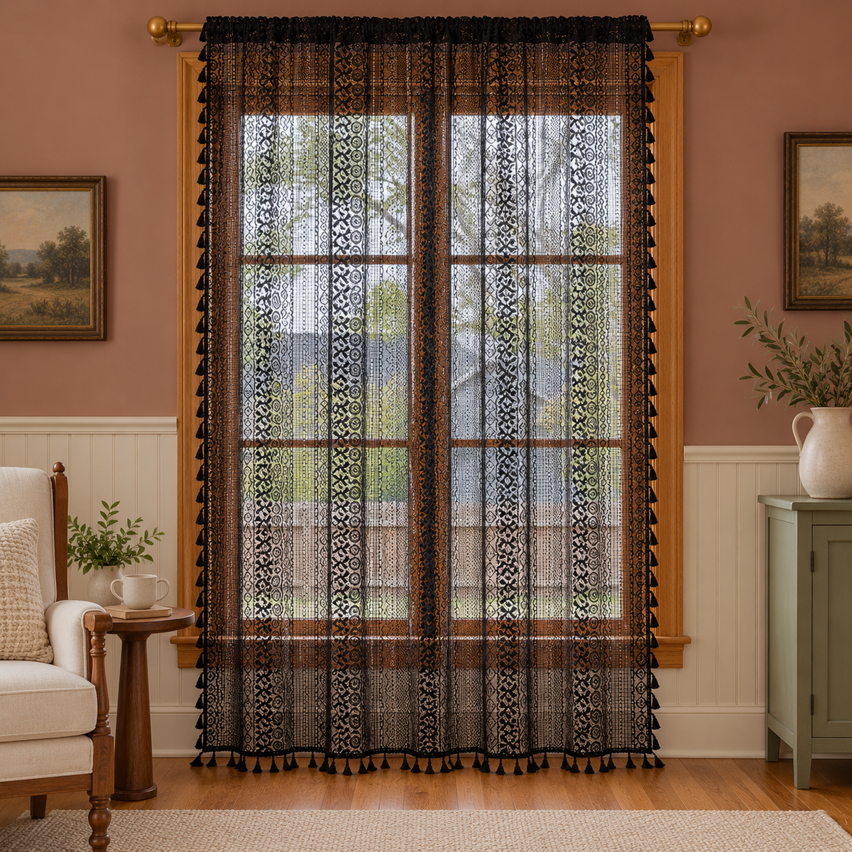 Boho Black Crochet Lace Flower Curtains, Farmhouse Light Filtering Kitchen Curtain, Hollow Curtain with Tassel, Cafe Semi-Sheer Window Panel - styled product view