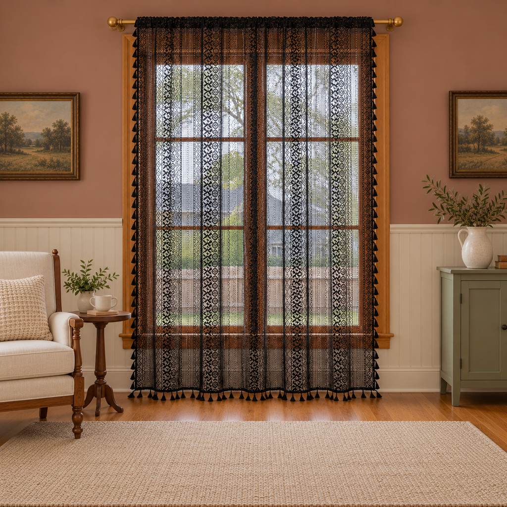 Boho Black Crochet Lace Flower Curtains, Farmhouse Light Filtering Kitchen Curtain, Hollow Curtain with Tassel, Cafe Semi-Sheer Window Panel - room setting
