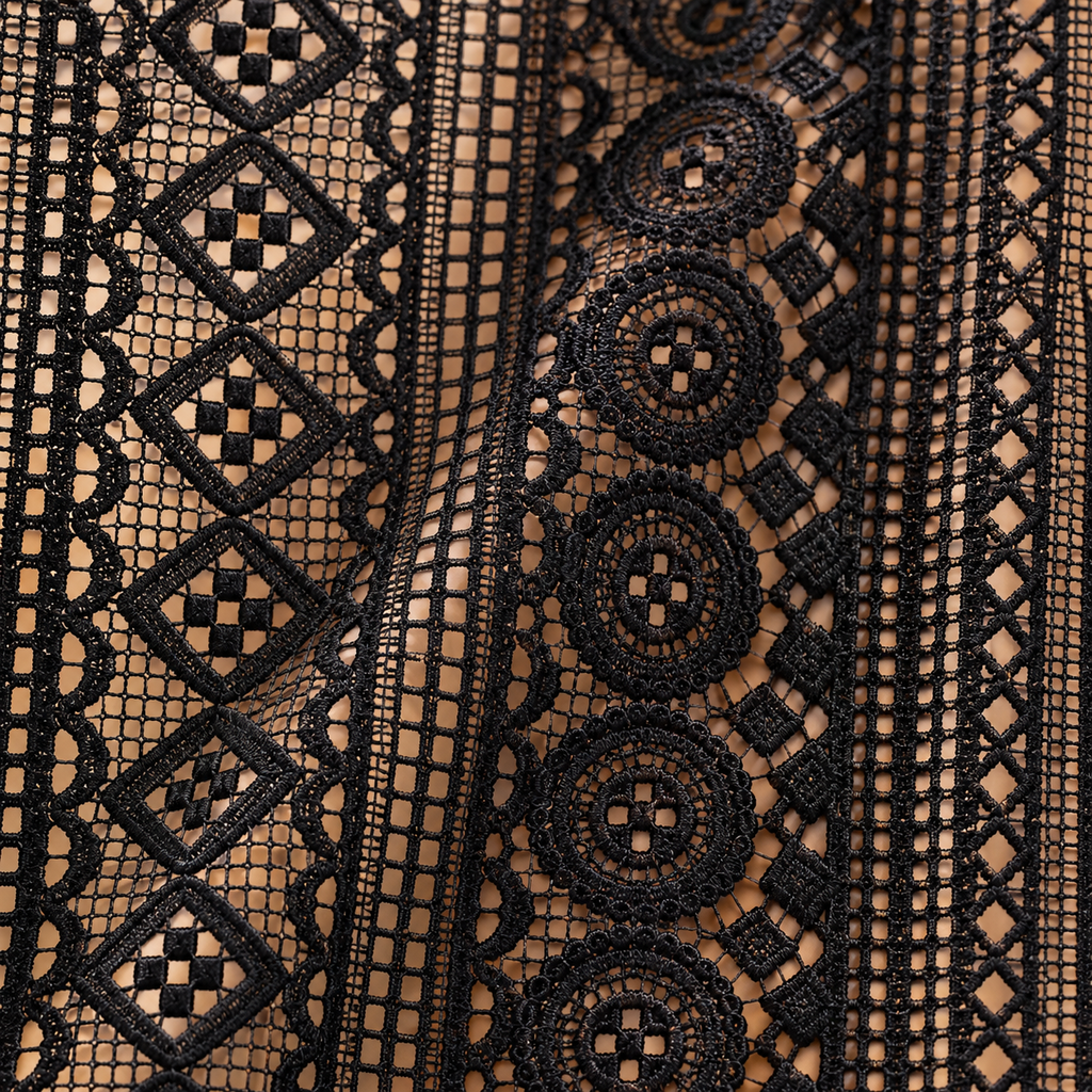 Boho Black Crochet Lace Flower Curtains, Farmhouse Light Filtering Kitchen Curtain, Hollow Curtain with Tassel, Cafe Semi-Sheer Window Panel - fabric detail