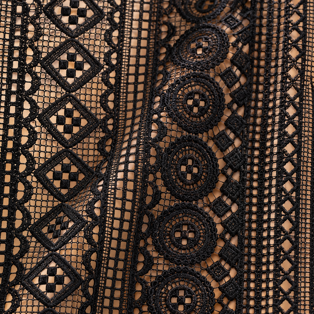 Boho Black Crochet Lace Flower Curtains, Farmhouse Light Filtering Kitchen Curtain, Hollow Curtain with Tassel, Cafe Semi-Sheer Window Panel - fabric detail