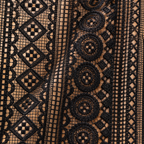 Boho Black Crochet Lace Flower Curtains, Farmhouse Light Filtering Kitchen Curtain, Hollow Curtain with Tassel, Cafe Semi-Sheer Window Panel - fabric detail