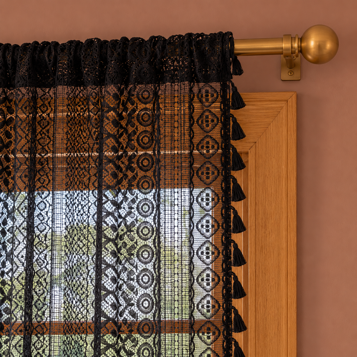 Boho Black Crochet Lace Flower Curtains, Farmhouse Light Filtering Kitchen Curtain, Hollow Curtain with Tassel, Cafe Semi-Sheer Window Panel - header detail