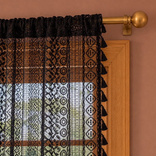 Boho Black Crochet Lace Flower Curtains, Farmhouse Light Filtering Kitchen Curtain, Hollow Curtain with Tassel, Cafe Semi-Sheer Window Panel - header detail
