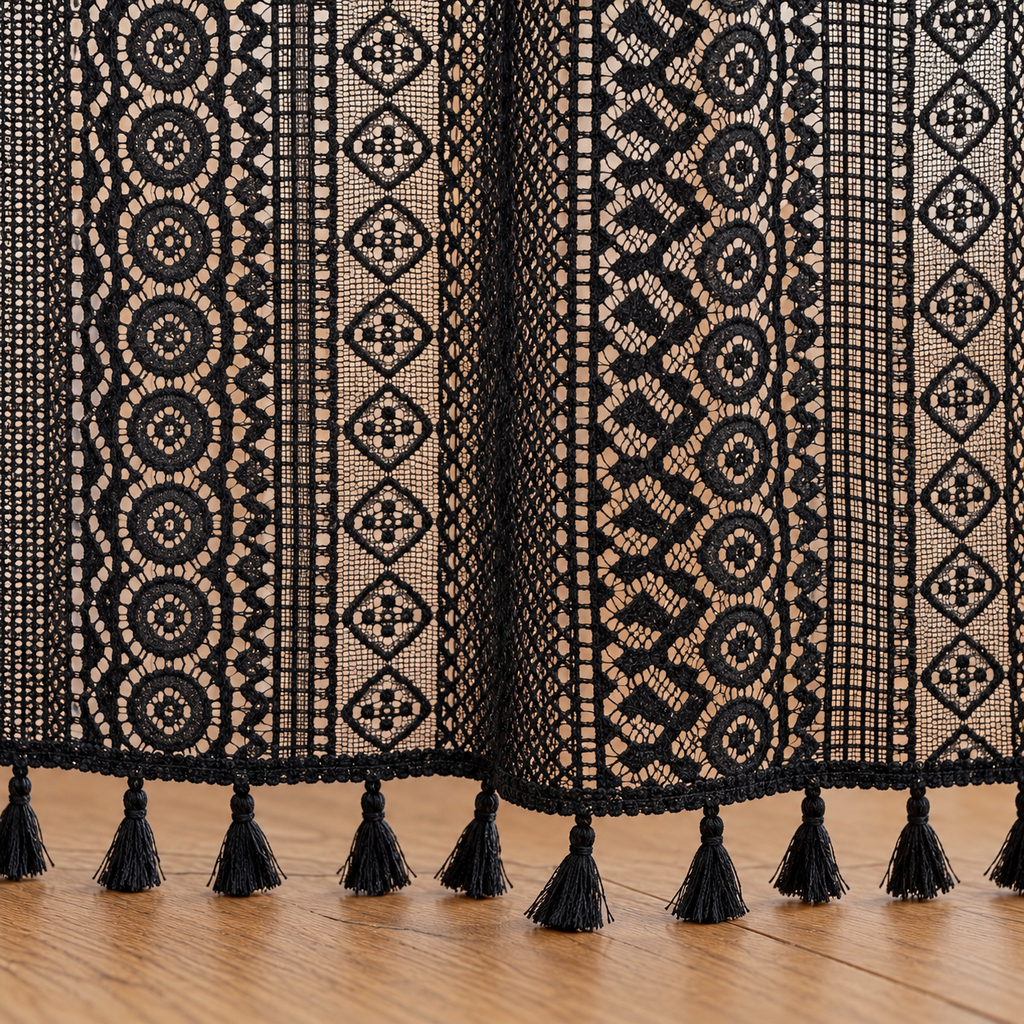 Boho Black Crochet Lace Flower Curtains, Farmhouse Light Filtering Kitchen Curtain, Hollow Curtain with Tassel, Cafe Semi-Sheer Window Panel - hem detail