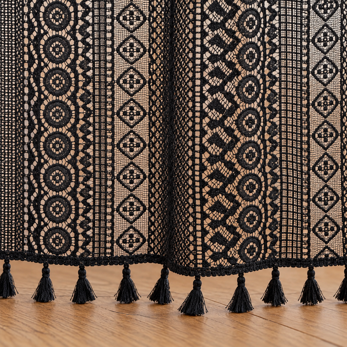 Boho Black Crochet Lace Flower Curtains, Farmhouse Light Filtering Kitchen Curtain, Hollow Curtain with Tassel, Cafe Semi-Sheer Window Panel - hem detail