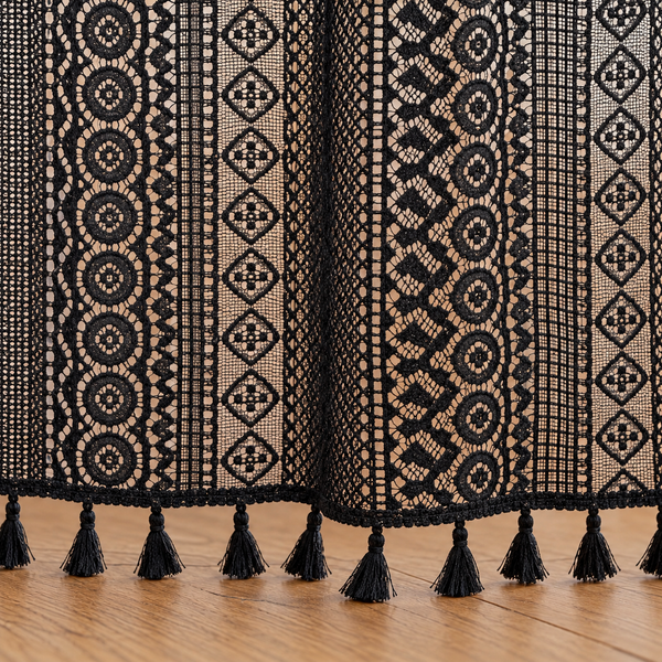 Boho Black Crochet Lace Flower Curtains, Farmhouse Light Filtering Kitchen Curtain, Hollow Curtain with Tassel, Cafe Semi-Sheer Window Panel - hem detail
