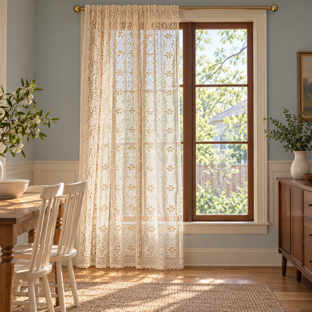 Custom Boho Beige Crochet Flowers Lace Valances, Sheer Curtain, Farmhouse Light Filtering Kitchen Curtain, Cafe Semi-Sheer Curtains - styled product view Main image
