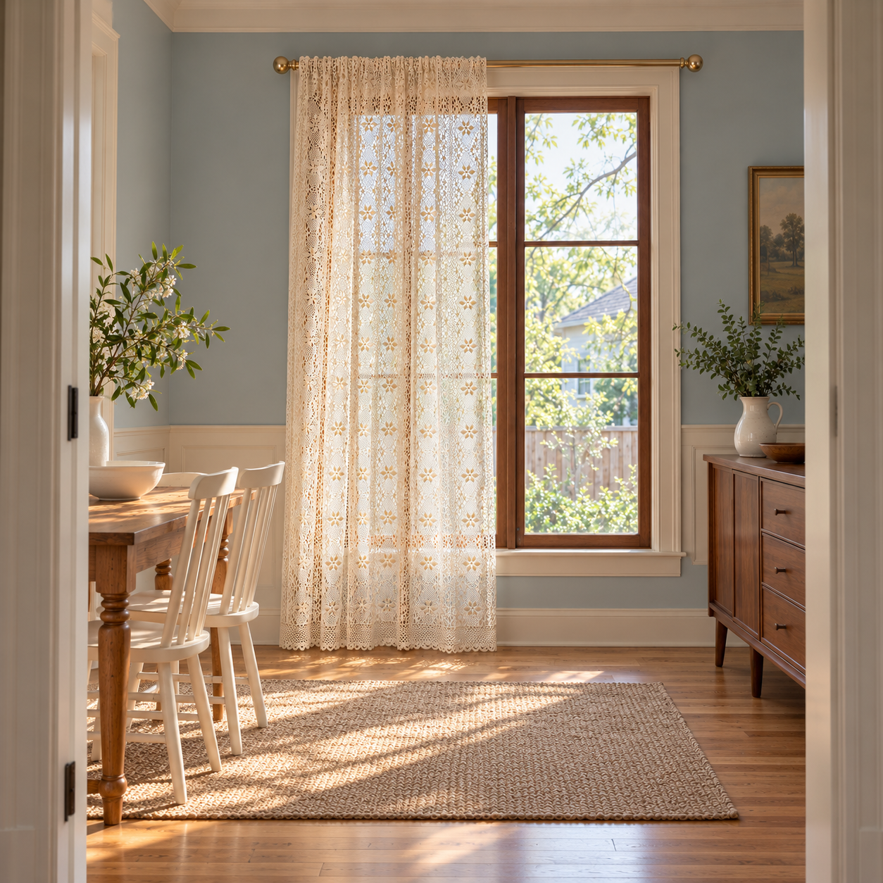 Custom Boho Beige Crochet Flowers Lace Valances, Sheer Curtain, Farmhouse Light Filtering Kitchen Curtain, Cafe Semi-Sheer Curtains Secondary image