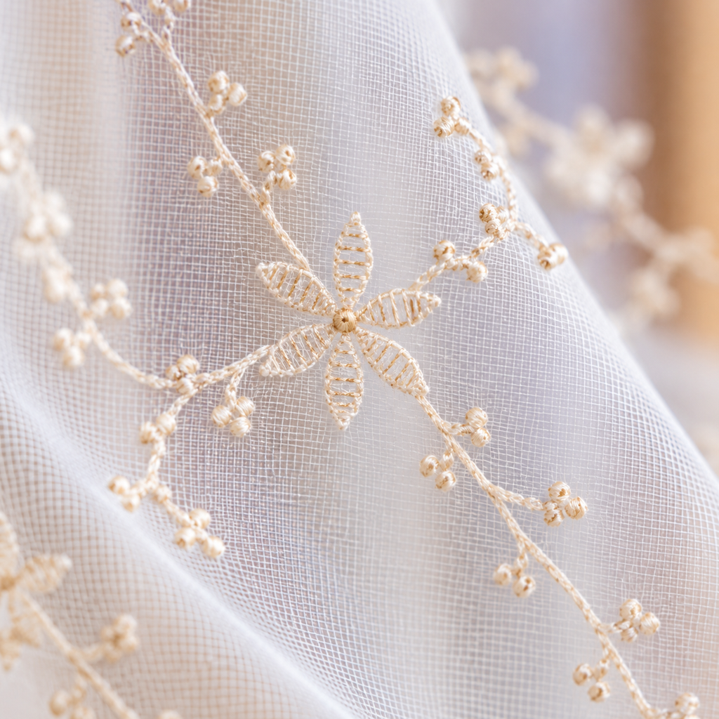 Beige Floral Embroidered Lace Curtain Panel - fabric detail