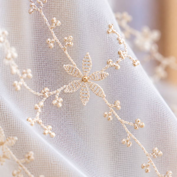 Beige Floral Embroidered Lace Curtain Panel - fabric detail