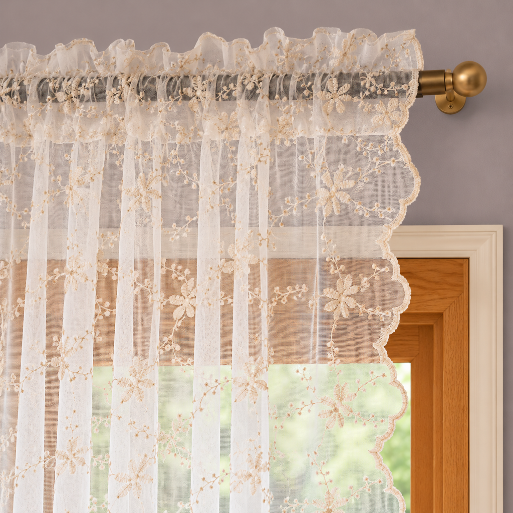 Beige Floral Embroidered Lace Curtain Panel - header detail