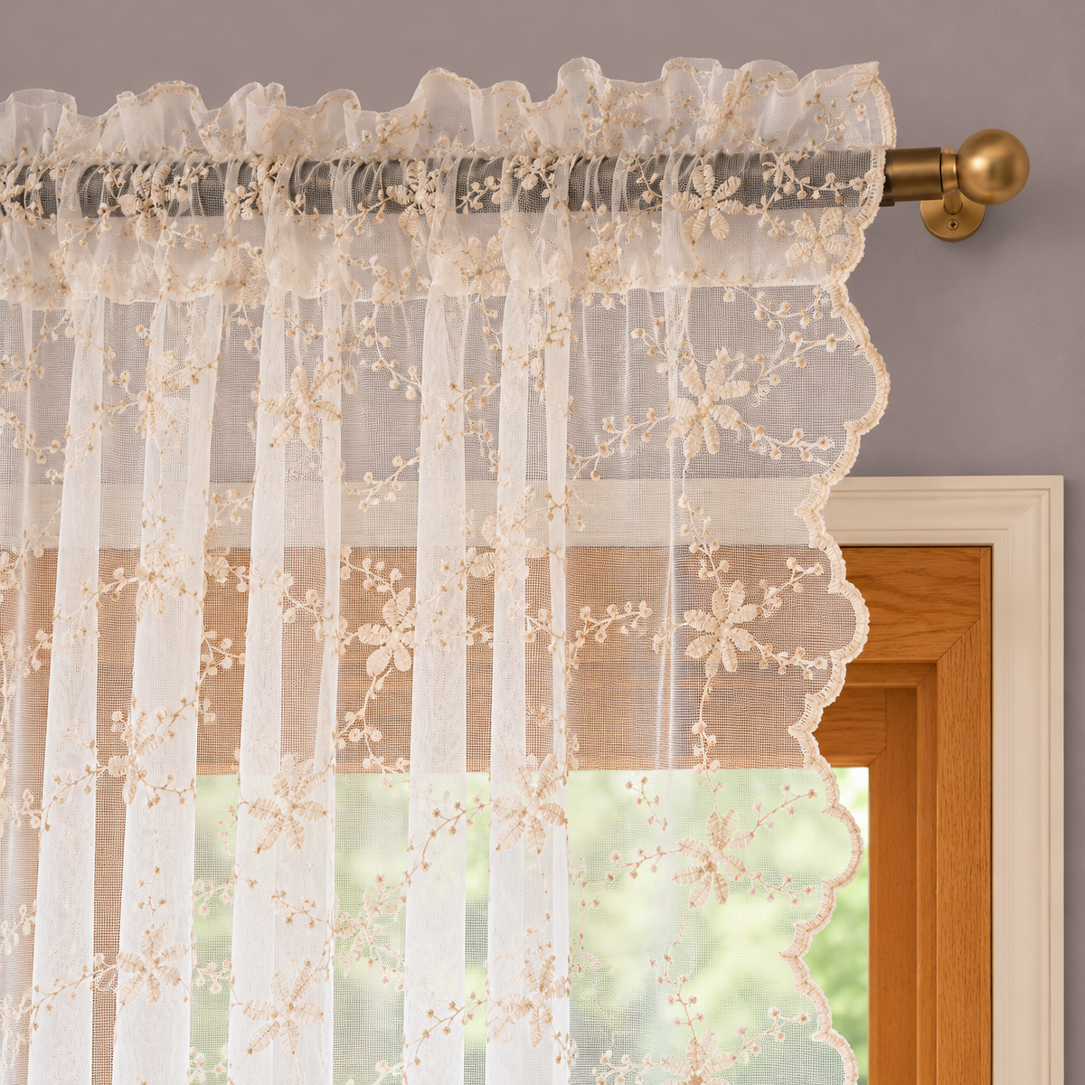 Beige Floral Embroidered Lace Curtain Panel - header detail