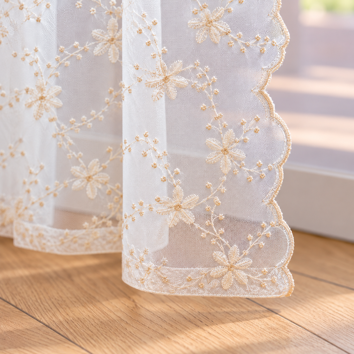 Beige Floral Embroidered Lace Curtain Panel - hem detail