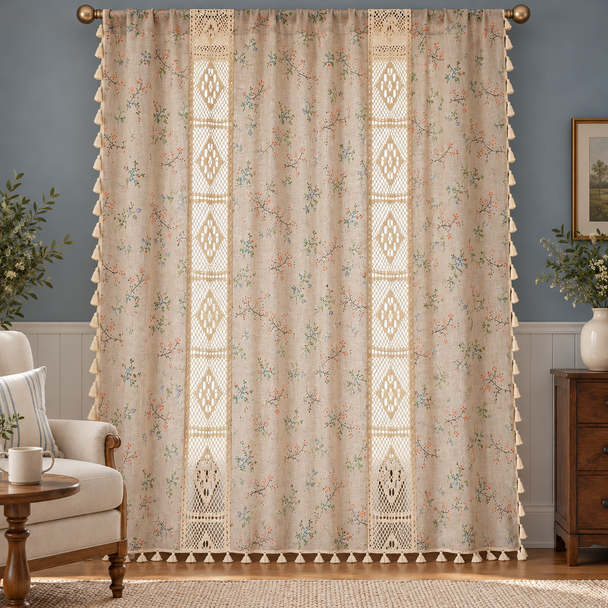 New Farmhouse Curtain, Crochet Hollow Splicing Flower Curtain, Semi Blackout Boho Style Cotton Linen Beige Curtain for Bedroom, Living Room - styled product view Main image