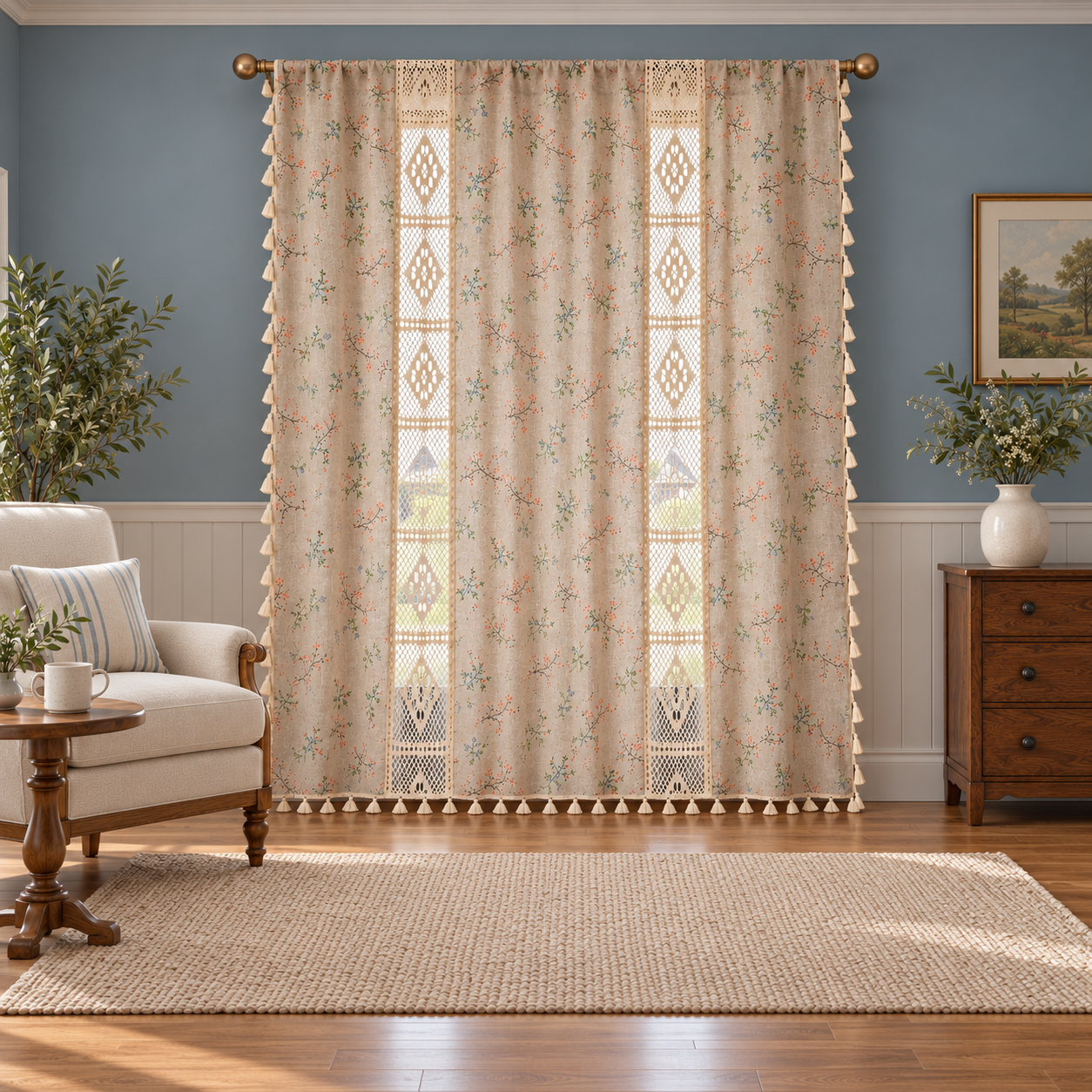 New Farmhouse Curtain, Crochet Hollow Splicing Flower Curtain, Semi Blackout Boho Style Cotton Linen Beige Curtain for Bedroom, Living Room Secondary image