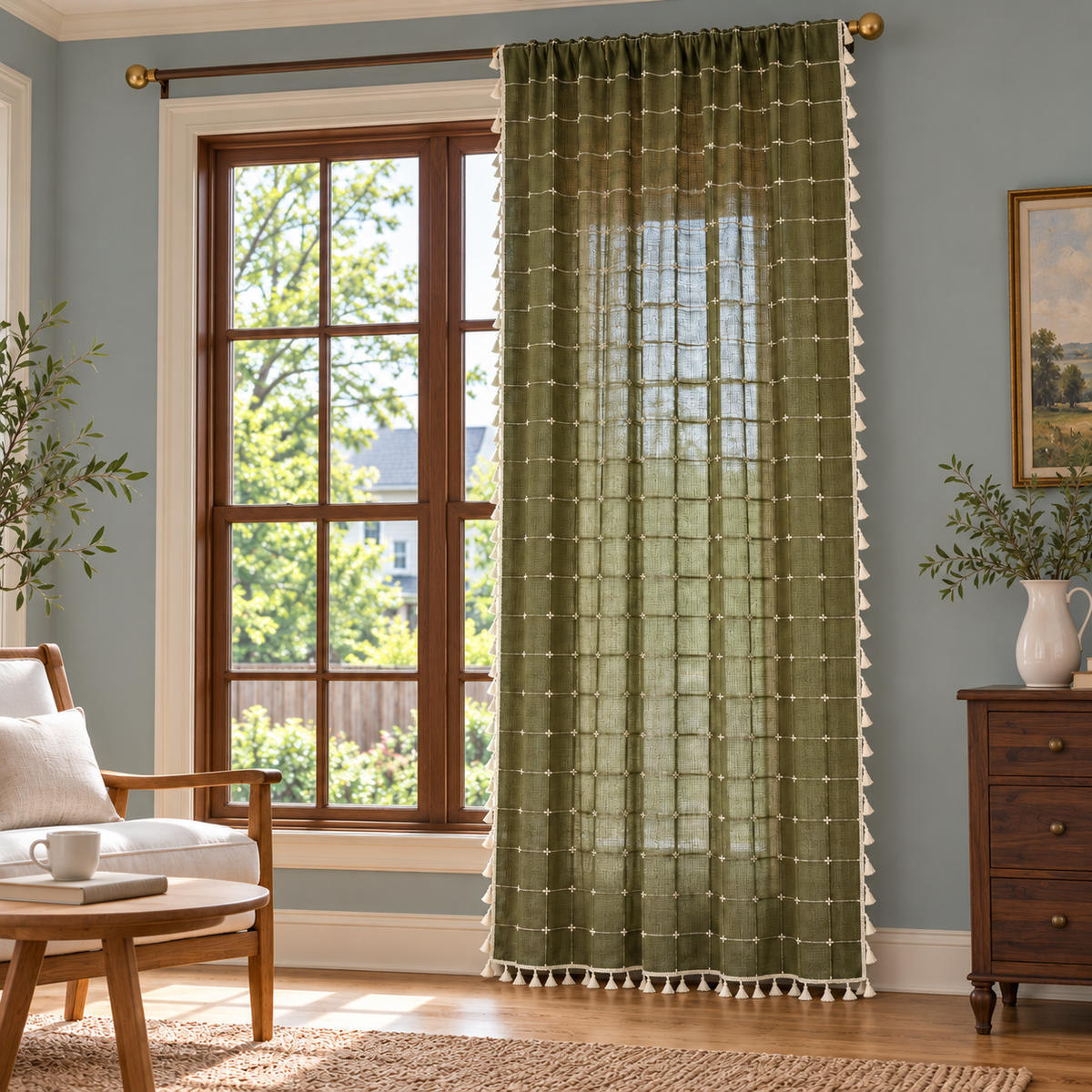 Moss Green Boho Curtains, Linen Curtains Panel, New Farmhouse Kitchen Curtains, Curtains for Living Room and Bedroom, Custom Curtains Sizes - styled product view Main image