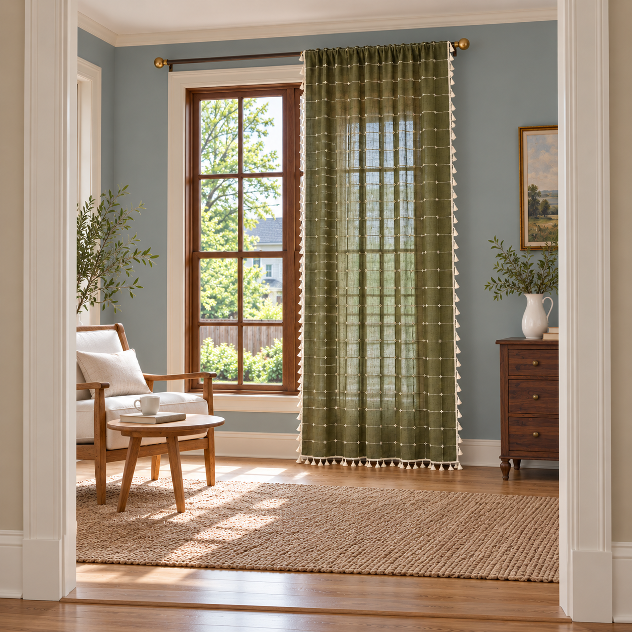 Moss Green Boho Curtains, Linen Curtains Panel, New Farmhouse Kitchen Curtains, Curtains for Living Room and Bedroom, Custom Curtains Sizes Secondary image