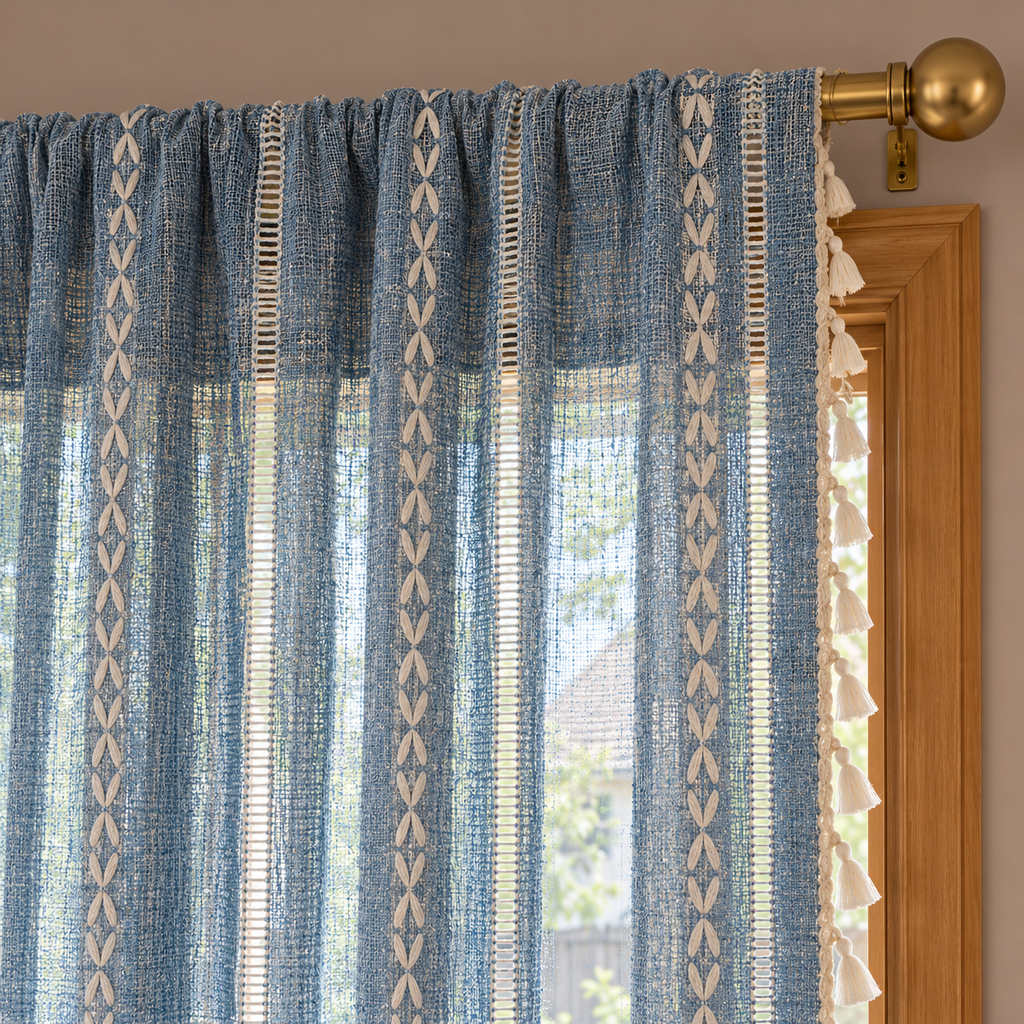 Blue Boho Curtain Panel - header detail