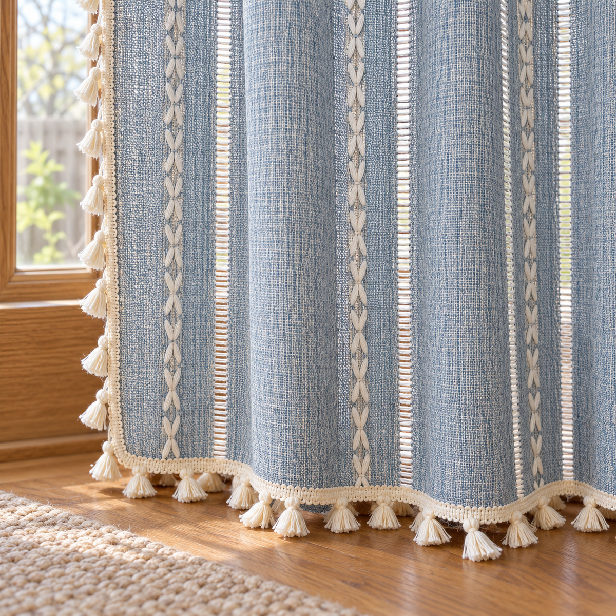 Blue Boho Curtain Panel - hem detail