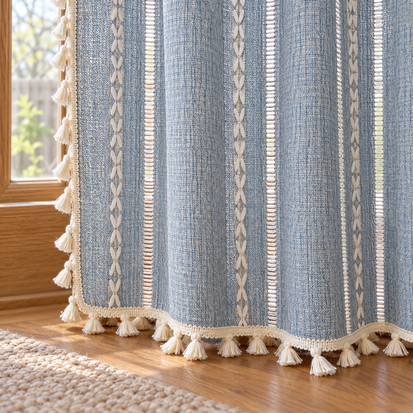 Blue Boho Curtain Panel - hem detail