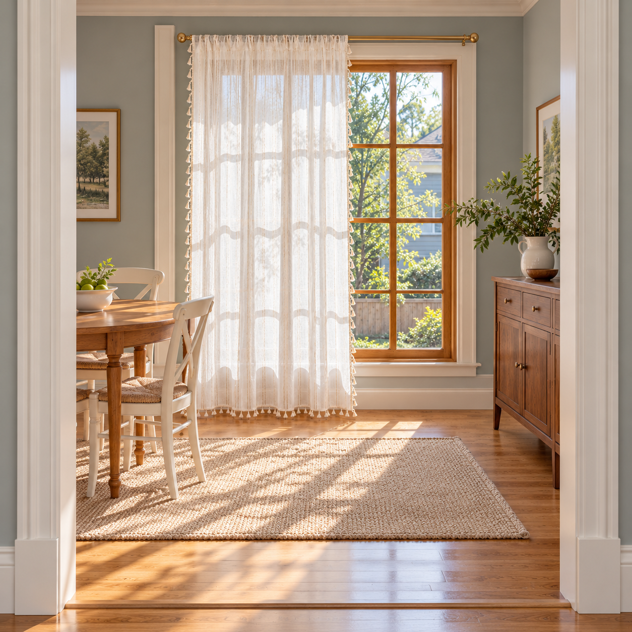 Boho Striped Linen Yarn Curtains, Farmhouse Kitchen Curtain with Tassel, Linen Sheer Curtain Panels for Bedroom, Living Room, Custom Sizes Secondary image
