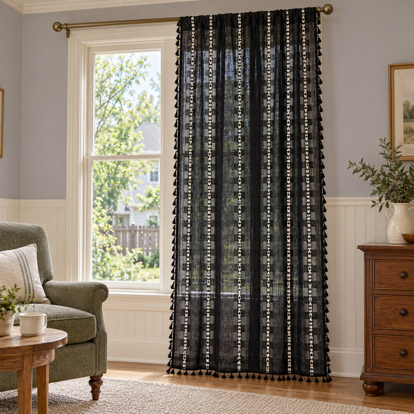 Black Striped Curtain Panel with Tassels - styled product view