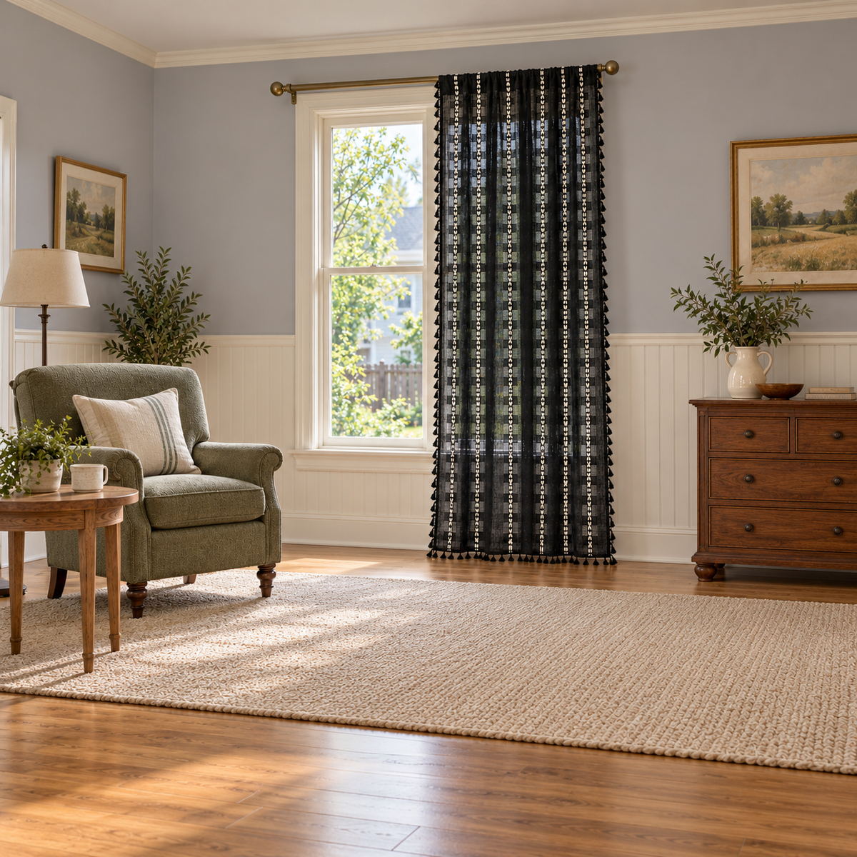 Black Striped Curtain Panel with Tassels - room setting