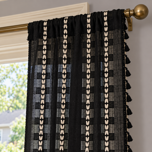 Black Striped Curtain Panel with Tassels - header detail