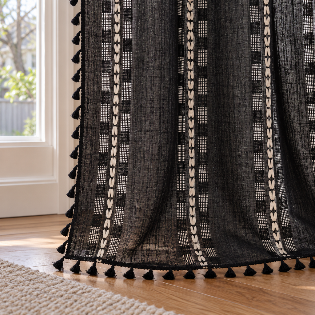 Black Striped Curtain Panel with Tassels - hem detail