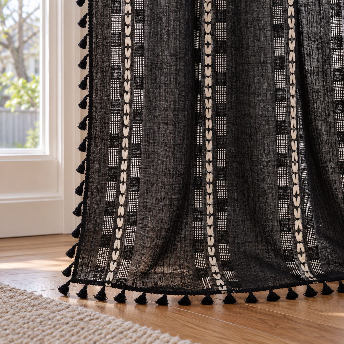 Black Striped Curtain Panel with Tassels - hem detail