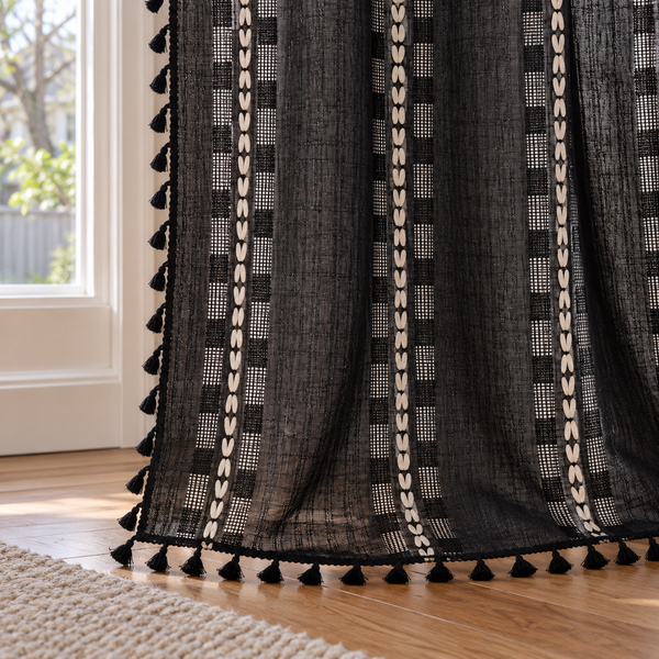 Black Striped Curtain Panel with Tassels - hem detail