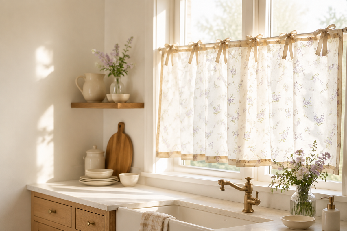 Tillingvale floral cafe curtains in a warm American cottage kitchen