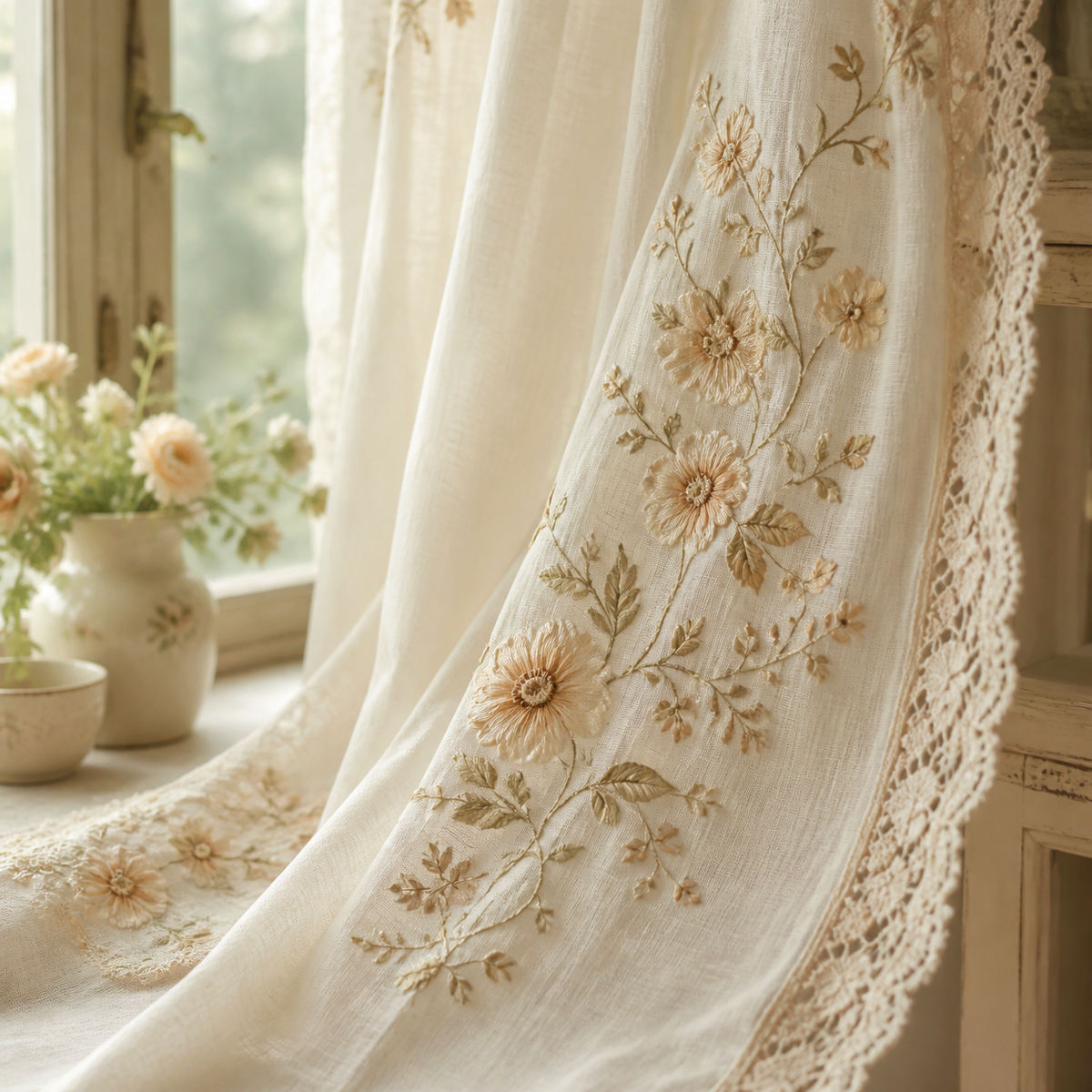 UDH2 preview closeup of embroidered romantic curtain fabric
