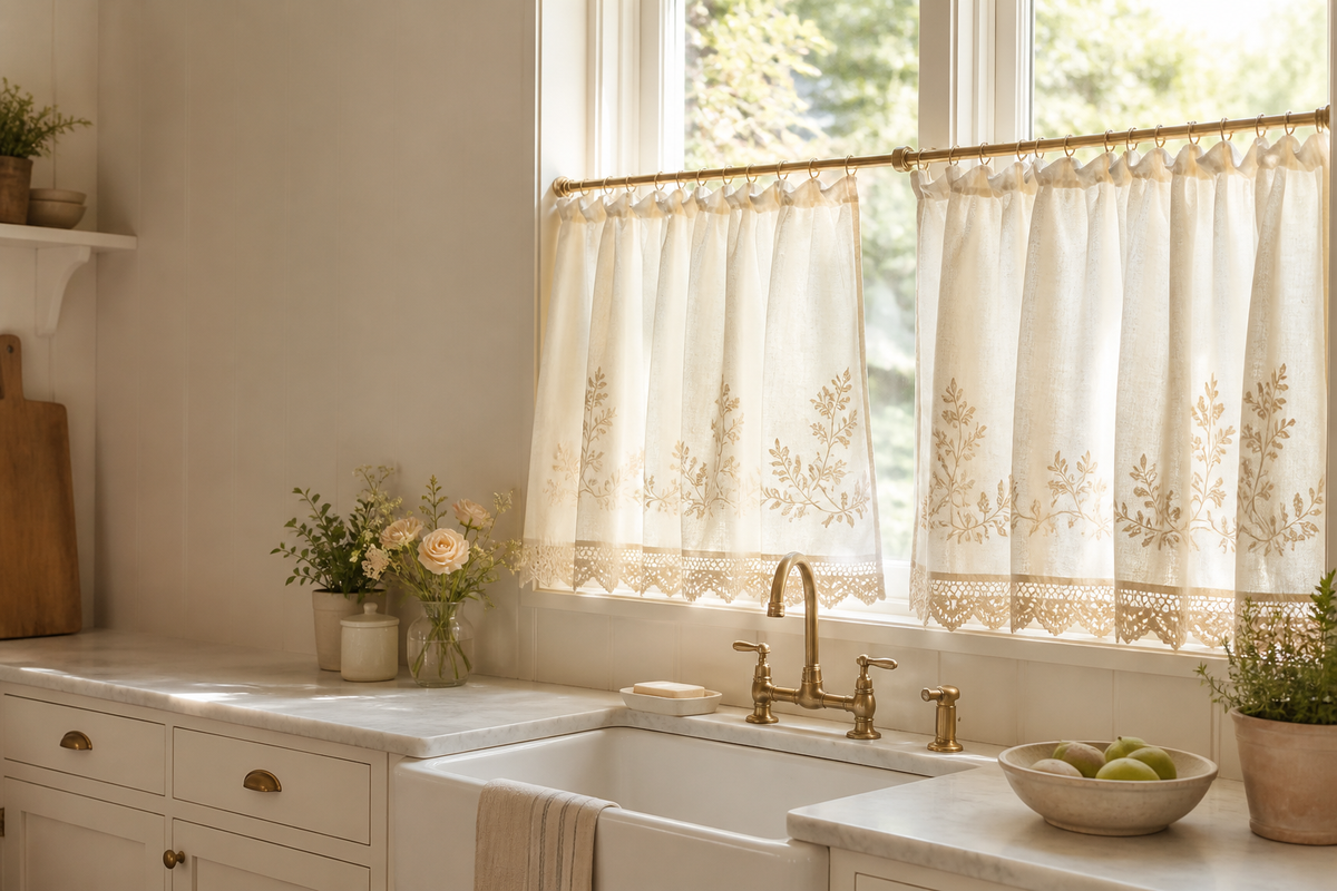 UDH2 preview image of embroidered cafe curtains in a cottage kitchen
